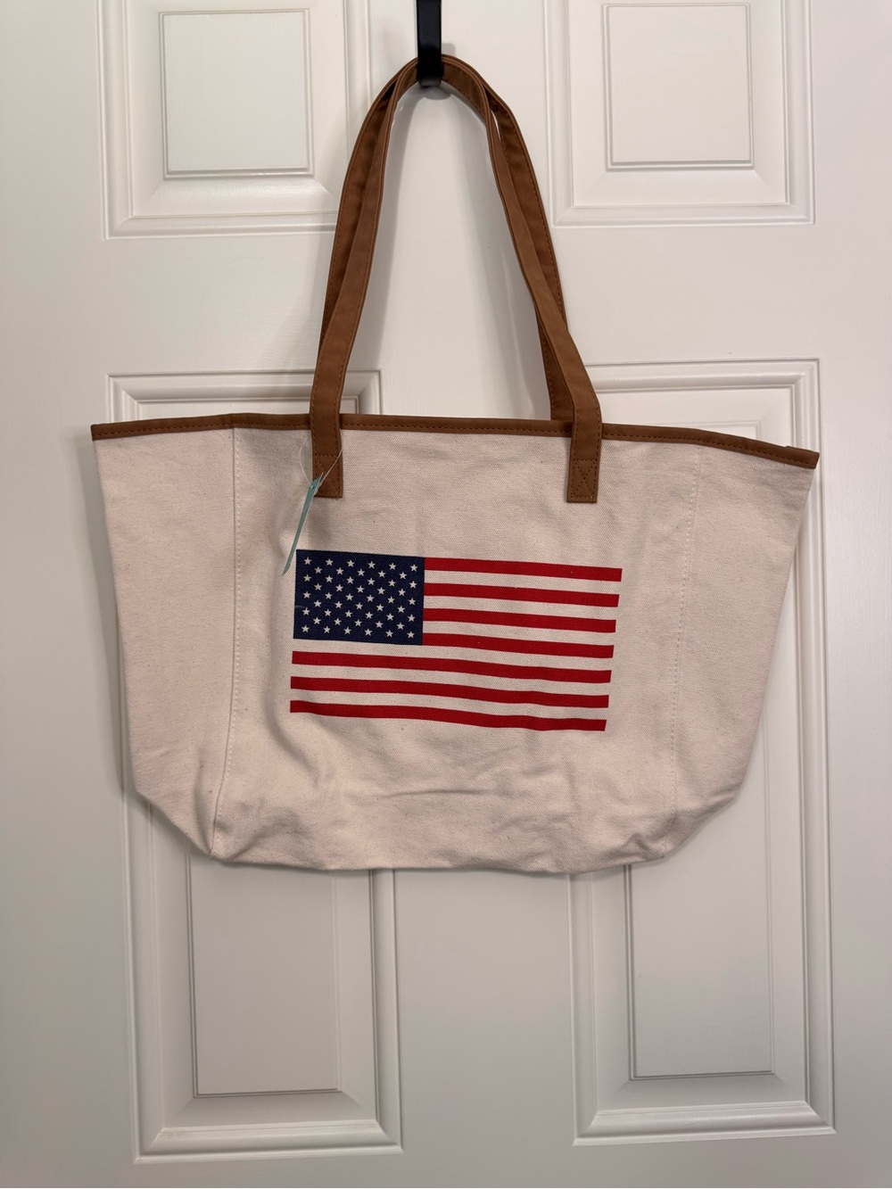 Maurices Cream Canvas Tote with American Flag and Brown Handles